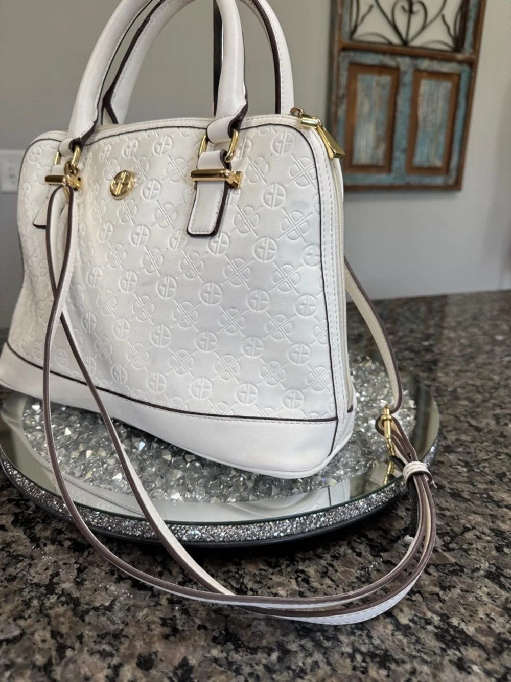Giani Bernini White Embossed Dome Satchel with Gold Hardware